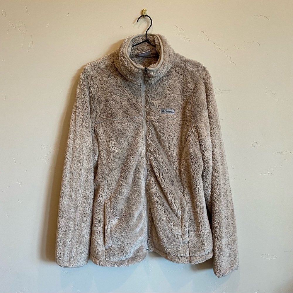 COLUMBIA Cloudy Day Full Zip Fleece Super Fuzzy Super Soft Warm Tan Grey